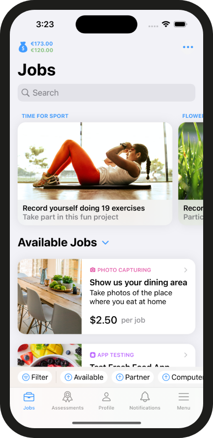 Skrin aplikasi Clickworker pada iPhone