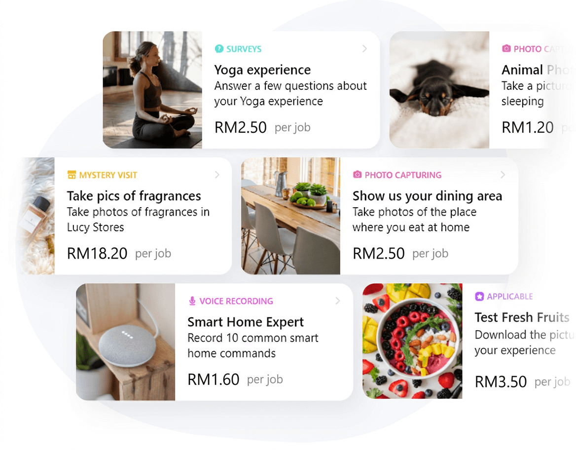 Antara muka telefon yang memaparkan pelbagai jenis tugasan Clickworker